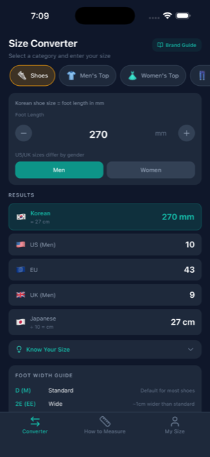 Size converter screen
