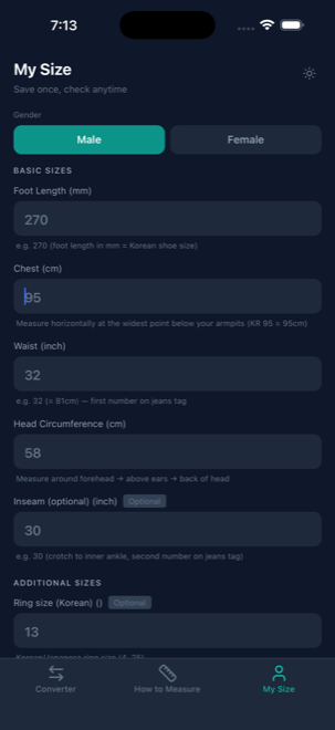 My size profile screen