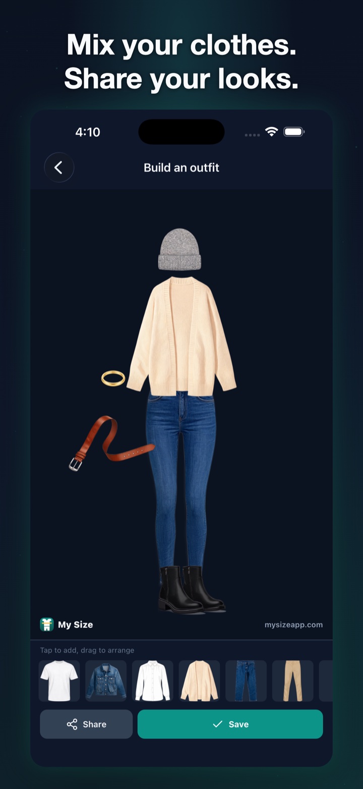 Outfit collage builder with cut-out items arranged on a canvas