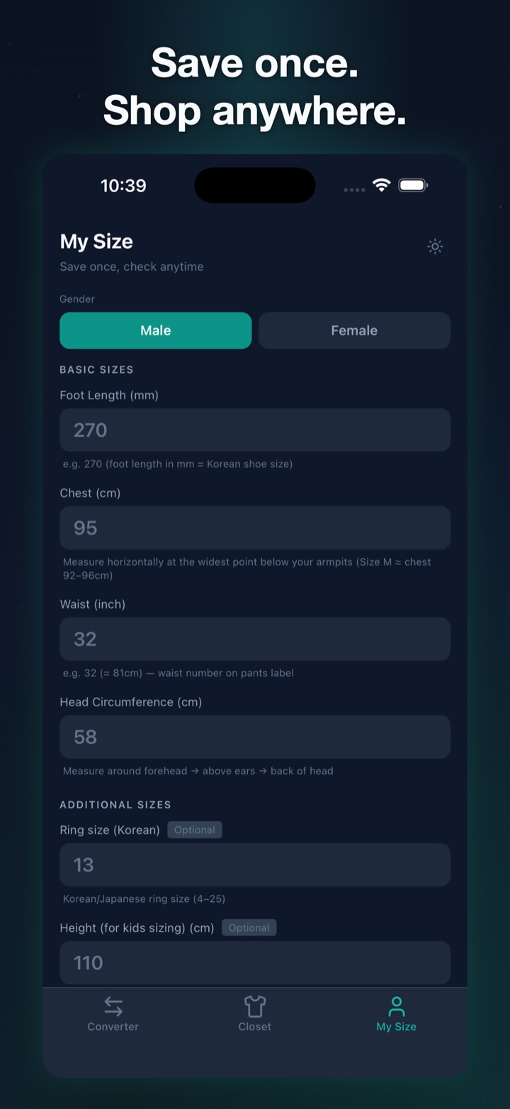 My size profile screen with saved measurements across every standard